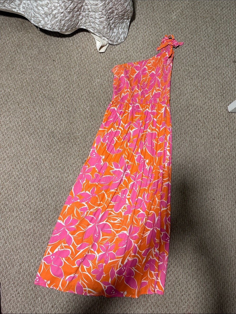 One-Shoulder Floral One-Piece Dress in Pink and Orange